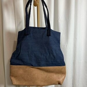 G.H. Bass Blue Denim and Tan Casual Tote Bag with Color Block Design